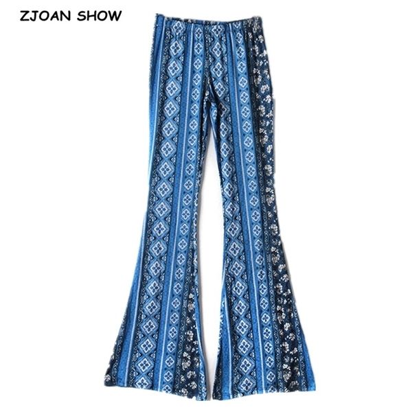 Pantaloni svasati con stampa geometrica etnica blu Pantaloni hippie africani tribali bohémien da donna Leggings a campana Pantaloni lunghi inferiori Q0801