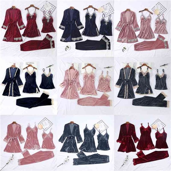 

12style 4pcs women pajamas sets winter thicken warm velvet embroidery lace home wear robes clothing with chest pads sleepwear 210330, Black;red