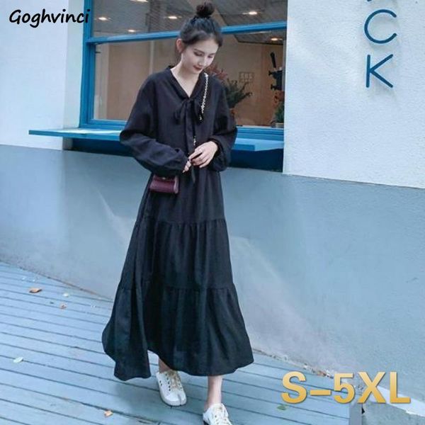 

casual dresses long sleeve dress women plus size 5xl oversize solid bow high waist autumn elegant fashion ulzzang daily loose beauty, Black;gray