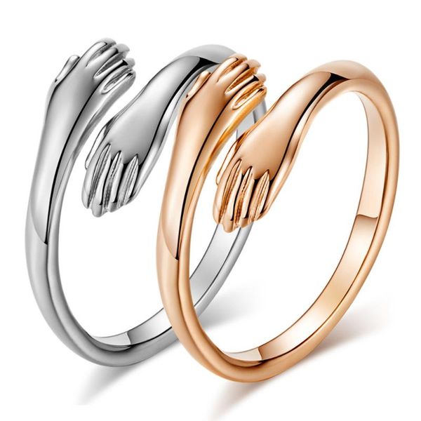 

cluster rings romantic hand with love hug titanium steel ring for women men creative rose gold tone open finger lover jewelry, Golden;silver
