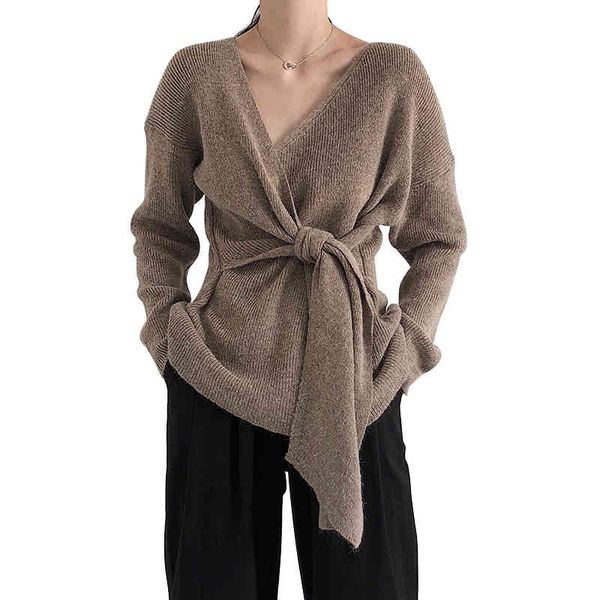 

sweater korean style chic women elegant v-neck bandage long sleeve sweater loose casual knitwear female fashion knitted, White;black