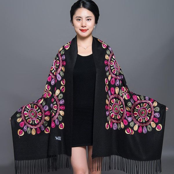 

scarves autumn winter women sunflower cashmere scarf shawl national travel emebroider thickening tassel pashmina wraps warm, Blue;gray