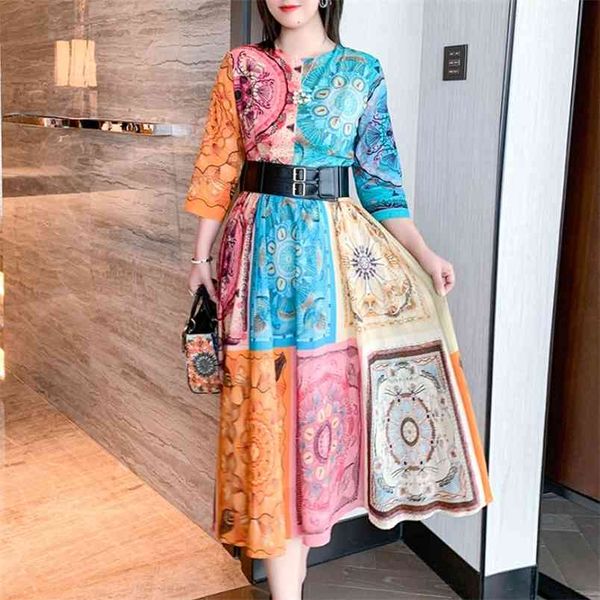 

spring elegant fashion art print dresses vintage women o-neck high waist casual big swing dress with belt vestidos 210519, Black;gray