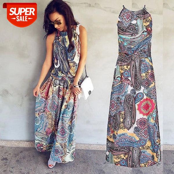 

women summer boho floral printed maxi dress sleeveless halter neckline tie belt evening ladies fashion loose long #6x17, White;black