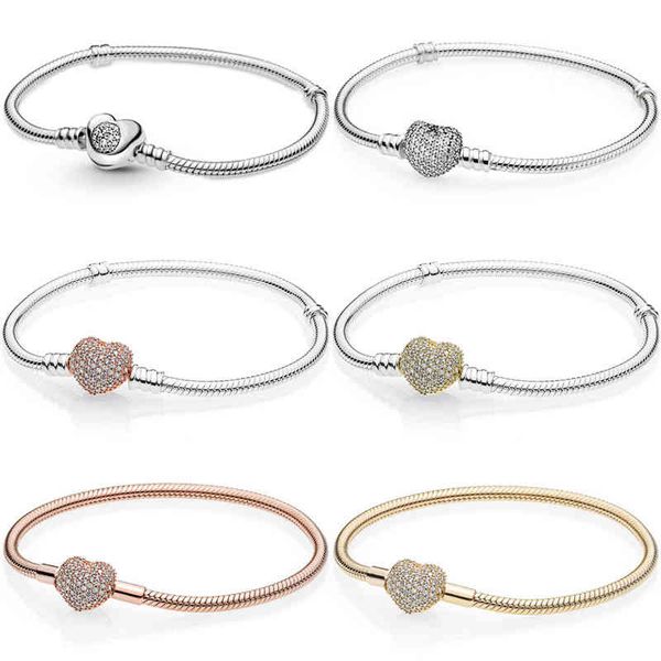 

new 925 sterling silver signature pave heart with crystal snake chain bracelet for popular bangle bead charm diy jewelry, Golden;silver