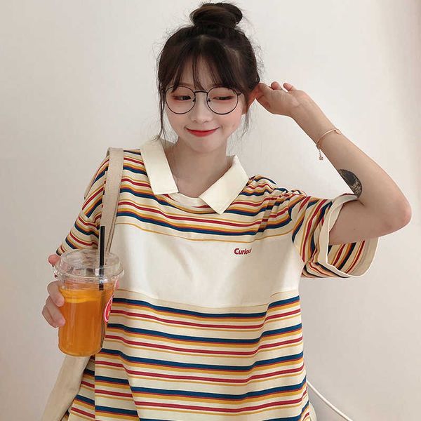 

women's t-shirt striped summer t-shirts women turn down collar short sleeve casual vintage letters shirts streetwear bottomin, White