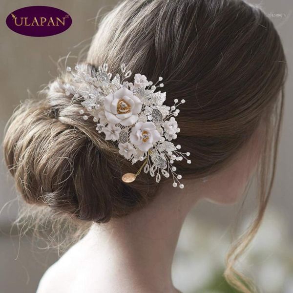 

hair clips & barrettes ulapan hp320 white resin flower bridal comb alloy leaf wedding headwear pearl handmade headdress for girl/female, Golden;silver