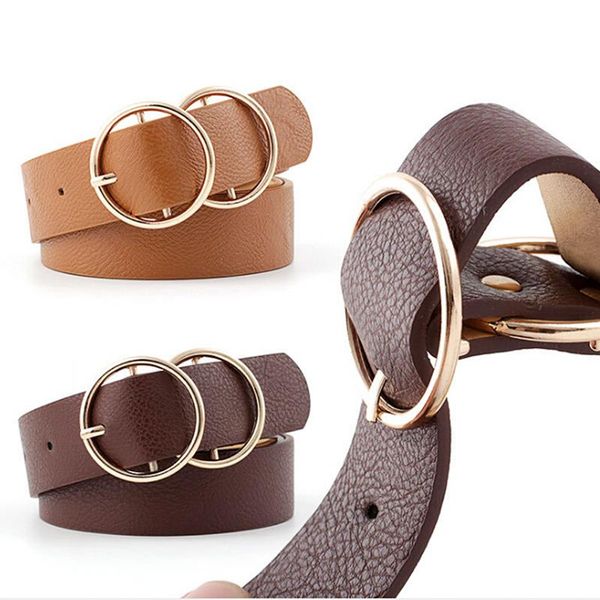 

belts women faux leather belt round ring metal double buckle waistband, Black;brown