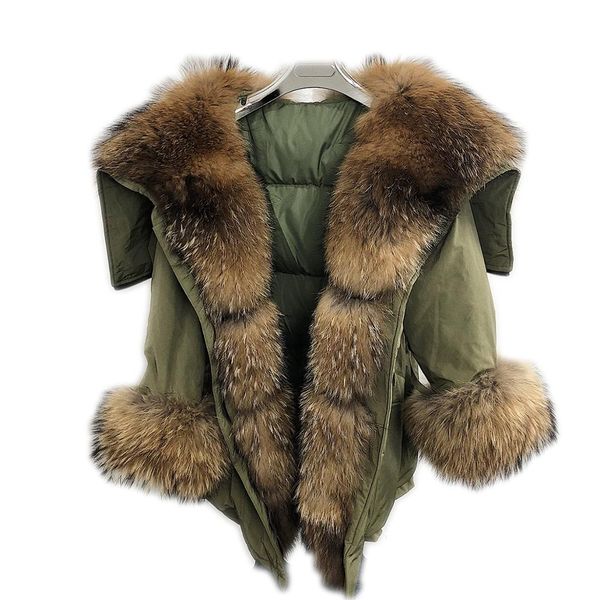 

fur angel wings real raccoon fur coat women fur parka army green full pelt raccoon fox coats down jacket, Black