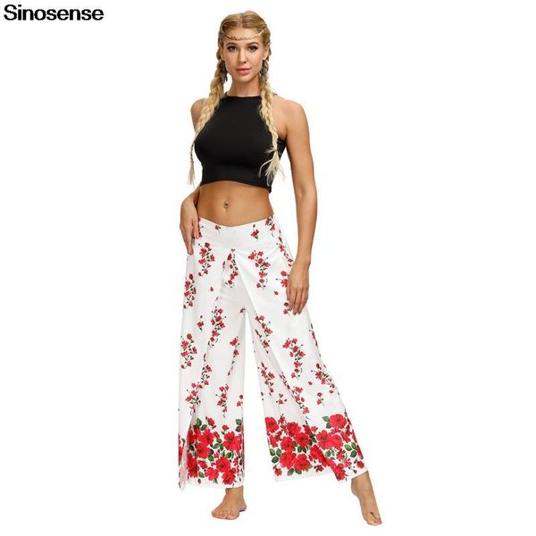 

women palazzo lounge pants split summer autumn elastic waist wide leg floral printed trousers female loose casual women's & capris, Black;white