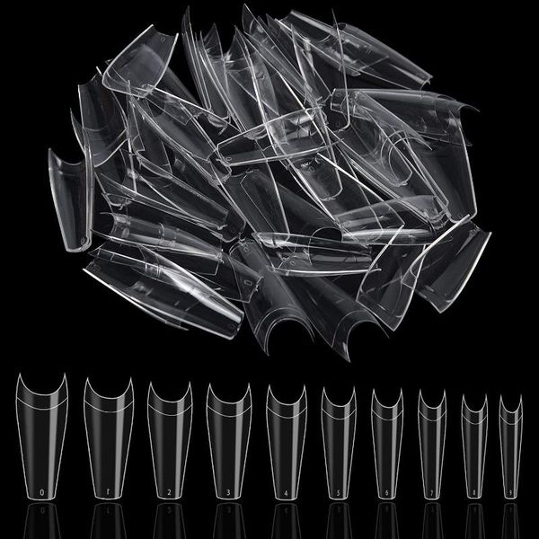 

false nails 600pcs deep c curve coffin ballerina extra long nail tip manicure shape acrylic for salon art decor, Red;gold