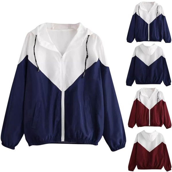

women's jackets color block zipper jacket fall autumn casual coats outerwear raincoat fashion hooded windbreaker patchwork women, Black;brown