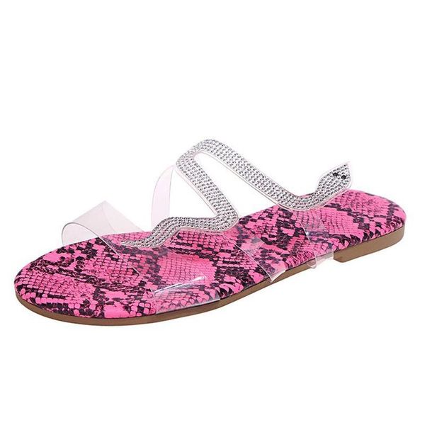

slippers 2021 summer ladies sandals flip flops snakeskin pattern flat bottom casual transparent fashion round head for women, Black