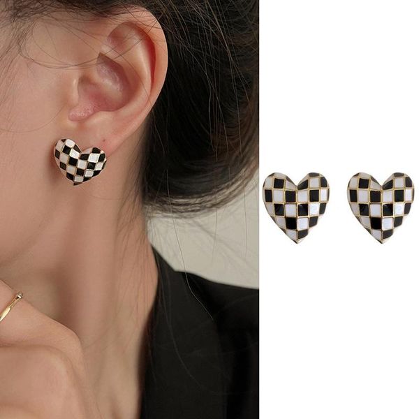 

stud ins simple style love dripping oil black and white checkerboard earrings creative women's ladies girl jewelry gift, Golden;silver