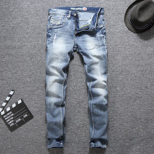 

jeans italian style fashion men retro light blue elastic cotton ripped jeans denim pencil pants vintage designer long trousers