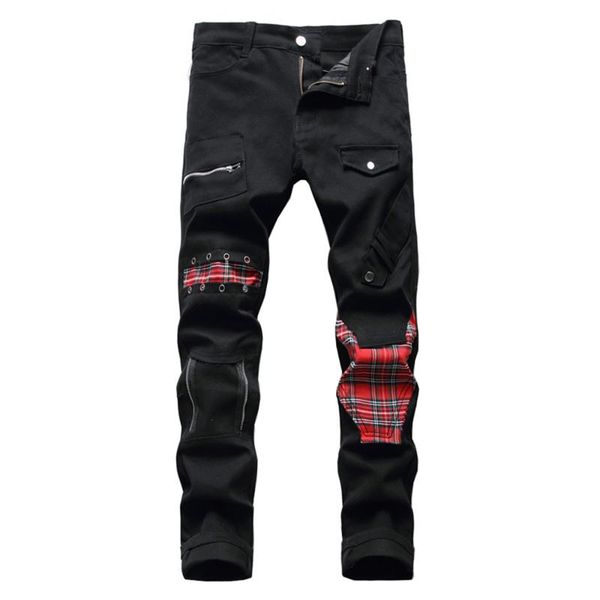 

men's jeans tartan plaids patchwork black denim trendy punk rock rivet pants slim straigh trousers, Blue