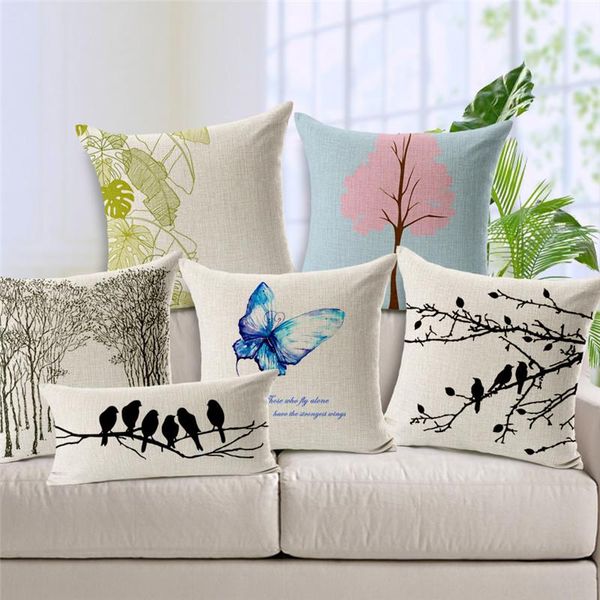 

european cushion covers beautiful forest throw pillow cases home sofa decorative tree birds printed lumbar cover cushion/decorative