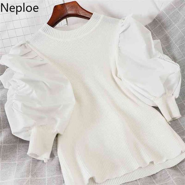 

neploe knitted patchwork blouse women solid o neck lantern sleeve blusa shirts spring fashion casual female 1c248 210401, White