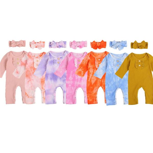

jumpsuits baby spring autumn clothing born girl boy ribbed clothes knitted cotton romper tie dyeing jumpsuit headband solid outfit, Blue