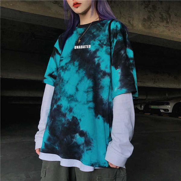 Coreano tops Tees Álbum Hip-hop Imprimir Harajuku Camisa Tie Tintura Álbum Roupas Vintage Punk Tshirt Feminina Moda Tendência O-pescoço Y0629