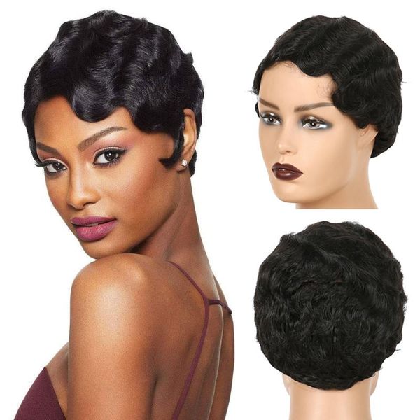 

synthetic wigs tinashe beauty short finger wave bob for woman glueless wig natural red brown color hair mommy, Black