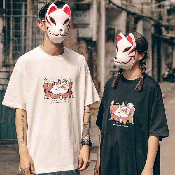 

sleeve chao brand bear print short cartoon t-shirt men's label, White;black
