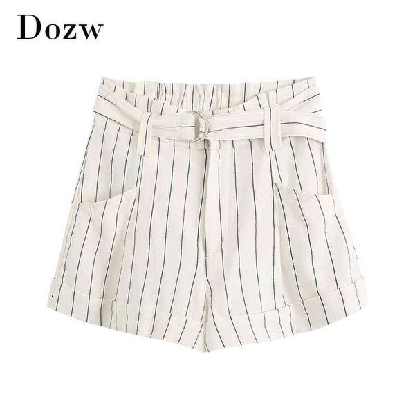 Mulheres verão elegante stripe shorts com bolso de cinto plissado escritório casual desgaste curto zíper moda fly spodenki damskie 210414