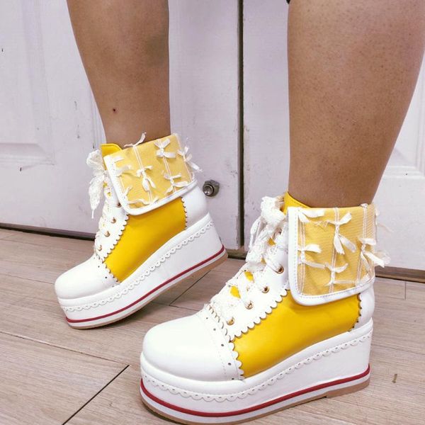 

boots plus size 32-48 thick female platform sweet lace mesh wedges high heels ankle women gothic girls lolita shoes woman, Black