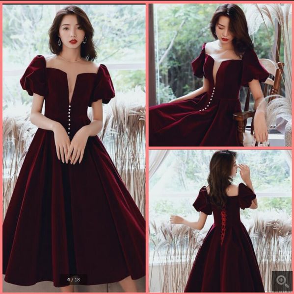 

2021 robe de soiree burgundy velvet short tea length prom dresses scoop neckline with sleeve simple corset party gowns informal petite modes, Black
