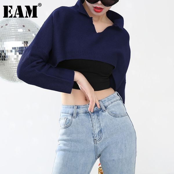 

[eam] apricot brief big size short knitting sweater loose fit v-neck long sleeve women pullovers fashion spring 1s36317 21512, White;black