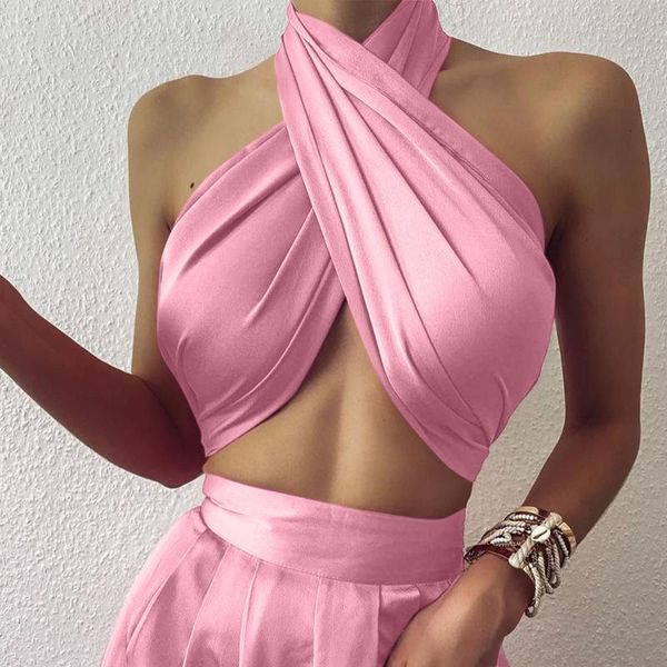 

women's tanks & camis solid halter cross tank crop women bandage backless vest skinny party clubwear female outwear outfits summer, White