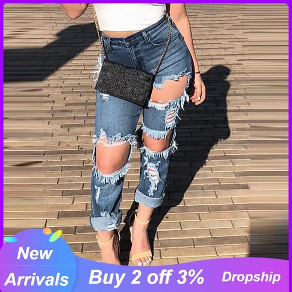 

fashion destroy jean women high waisted ripped jeans for blue pants hole 2021 feminino women's