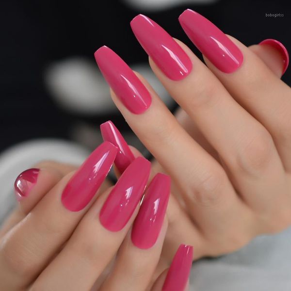 

24pcs /set dark rose pink press on false nails extra long coffin ballerina shape uv gel glue fingersnails adhesive tapes1, Red;gold