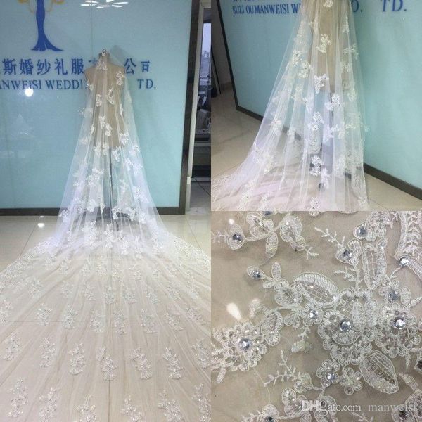 

bridal veils luxury cathedral length with comb 5 m long white ivory lace applique beads crystal wedding, Black
