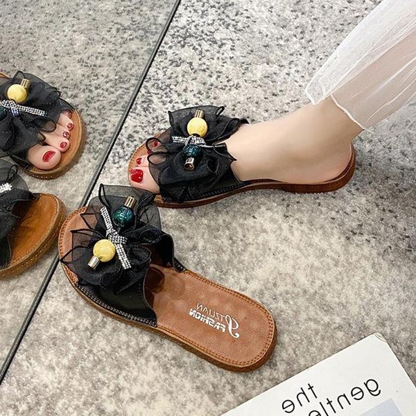

shoes slippers women summer low luxury slides butterfly-knot pantofle rubber designer flat 2021 pu fashion basic, Black