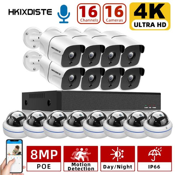 

8/16pcs 4k 8mp dome poe ip camera kit security audio record night vision 30m onvif h.265 p2p view wireless kits
