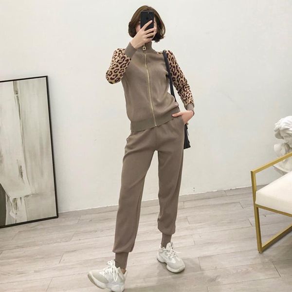

women's two piece pants autumn winter women sets fashion leopard patchwork knitted jacket and long pant set, White