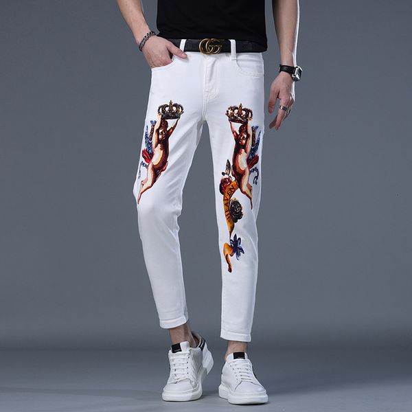 

jeans printed angel trendy pai men's slim pants, Blue