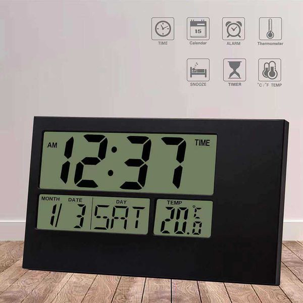 Orologio da parete digitale LCD Decorazioni per la casa Ampio display LCD Calendario con data e giorno Temperatura Snooze Allarme alimentato a batteria 210930