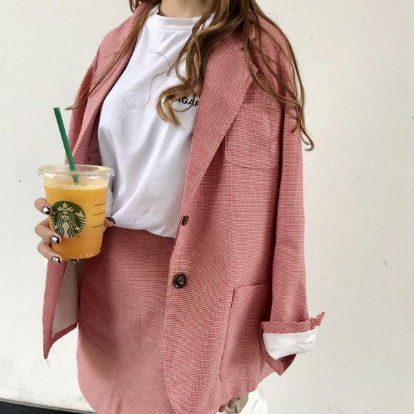 

women's suits & blazers two pieces office set women skirts notched plaid pockets jacket and high waist mini female single breasted outf, White;black