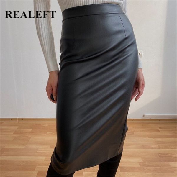 

realeft women black pu leather pencil wrap skirts autumn winter high waist zipper front split sheath long skirts female 211120