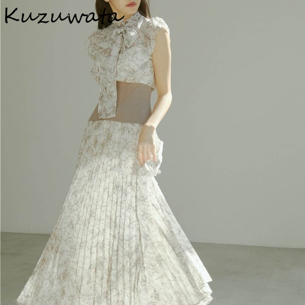 

kuzuwata japanese half high collar little flying sleeve print screw thread splicing empire dresses 2021 spring woman clothing, Black;gray