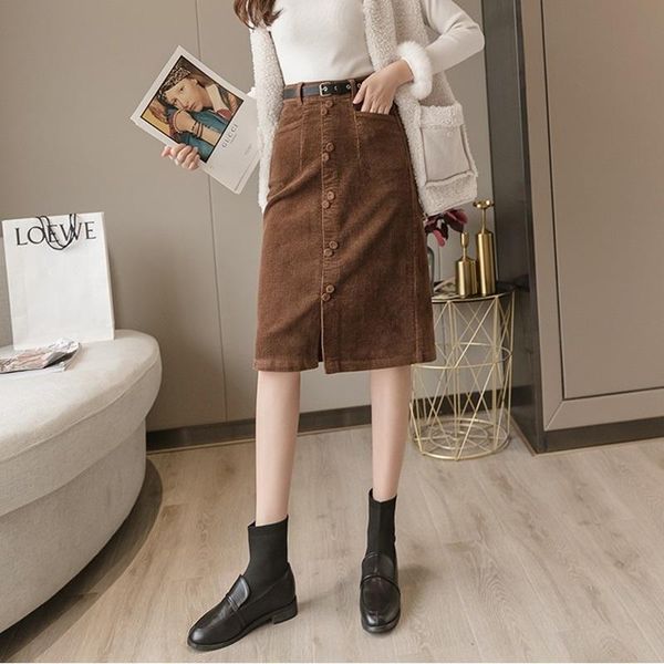 

skirts fashion streetwear corduroy women's skirt 2021 autumn winter belt saias midi high waist elastic split brown black 21067