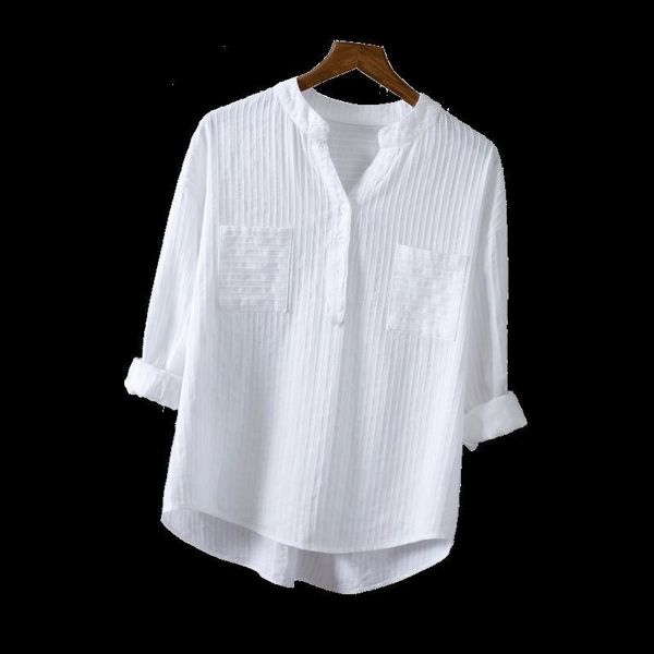 

womens shirt spring summer causal white women shirts v neck loose 100% cotton office lady elegant double regular pocket blouse