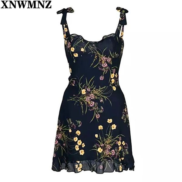 Retro Anpassen Spaghetti Strap Frauen Kleid Chiffon Vestid Chic Navy Blumendruck Rüschen Sommer Mini Kleid Drop Schiff 210520