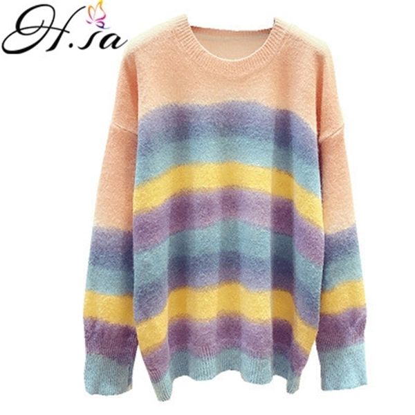 

winter autumn arrivals women rainbow knit sweater and pullovers oversized sweaters colorful striped pull femme 210430, Black;white