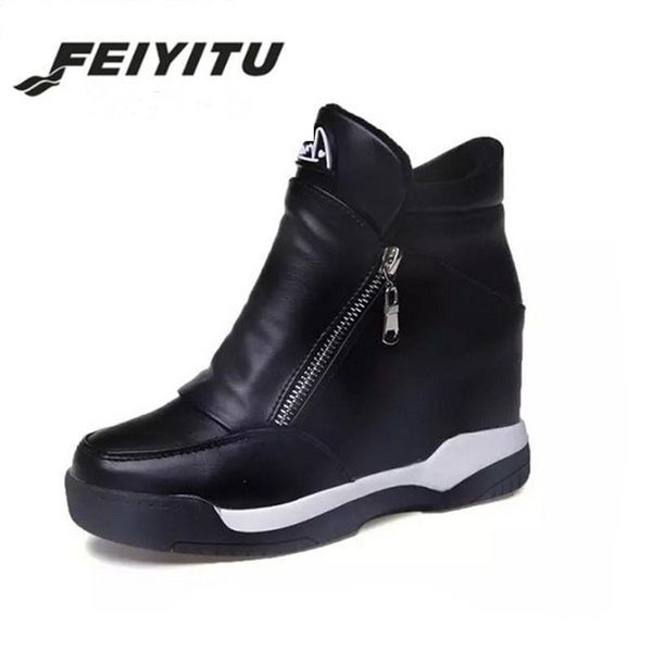 

boots feiyitu 2021 winter women's leather casual shoes height increasing ankle wedge heels hidden woman platform zip, Black