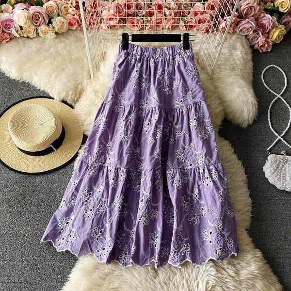

casual dresses embroidered hollow out lace a-line long cotton skirts candy embroidery large swing ankle violet navy white w8a6, Black;gray