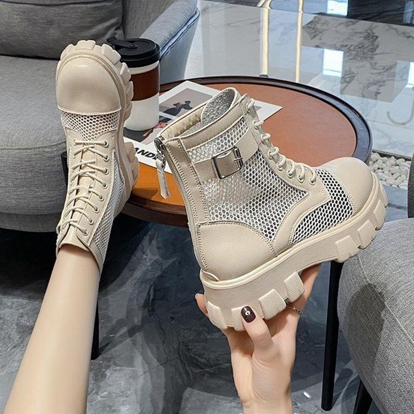 

boots 2021 thick sole summer breathable platform women buckle big size 35-43 lace-up waterproof height increasing, Black