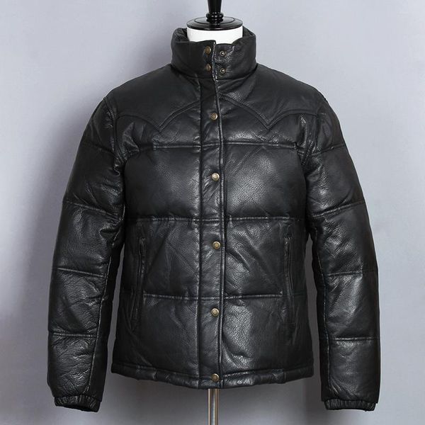 

men's leather & faux mens genuine jacket black goatskin slim duck down winter men stand collar short coat for male
